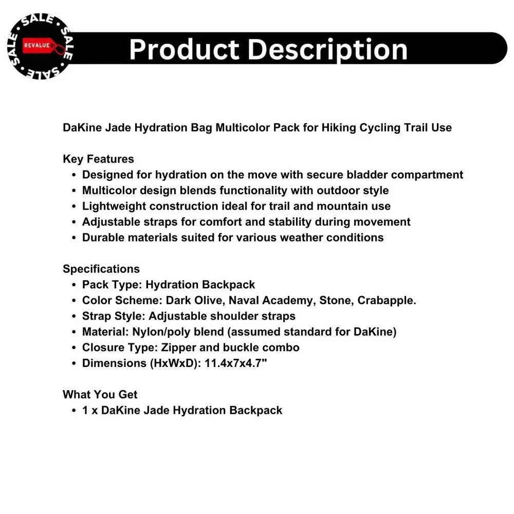 DaKine Jade Hydration Bag Multicolor Pack for Hiking Cycling Trail Use‎
